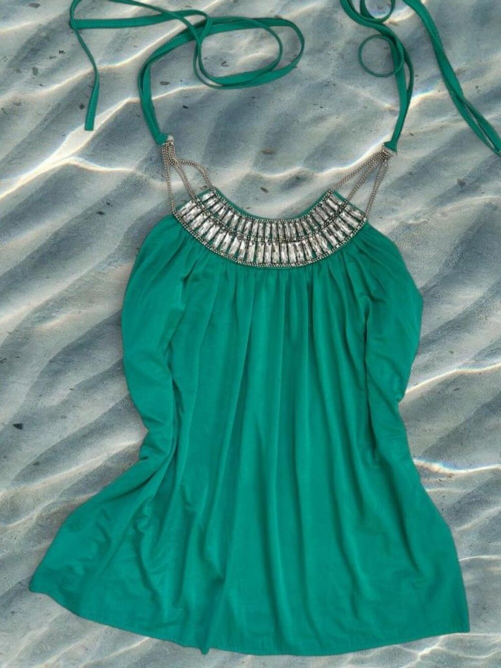 Y2K aquamarine teal blue halter neck tie tank top ⭐️ bedazzled bling silver